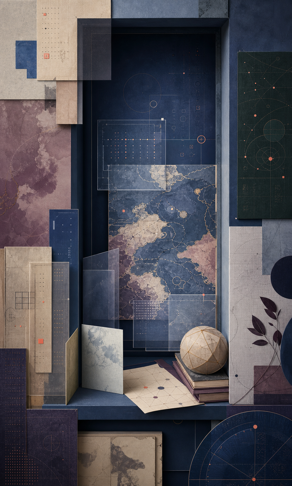 Abstract layered editorial chambers and tactical map fragments